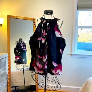 Tahari black floral sleeveless top size M